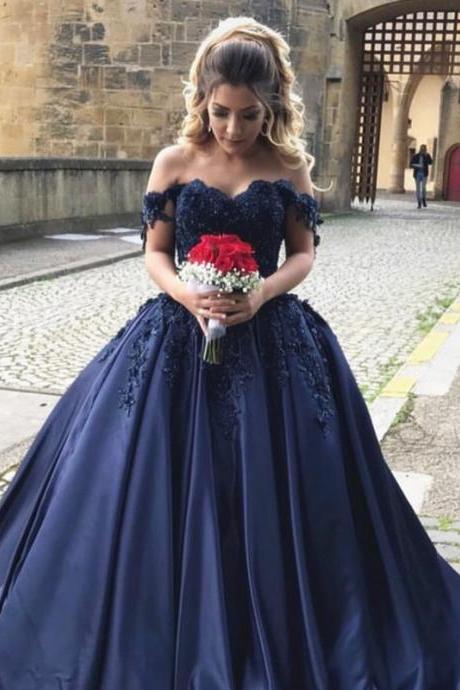 Off the Shoulder Dark Navy Blue Long Prom Dresses with Appliques Evening Gowns