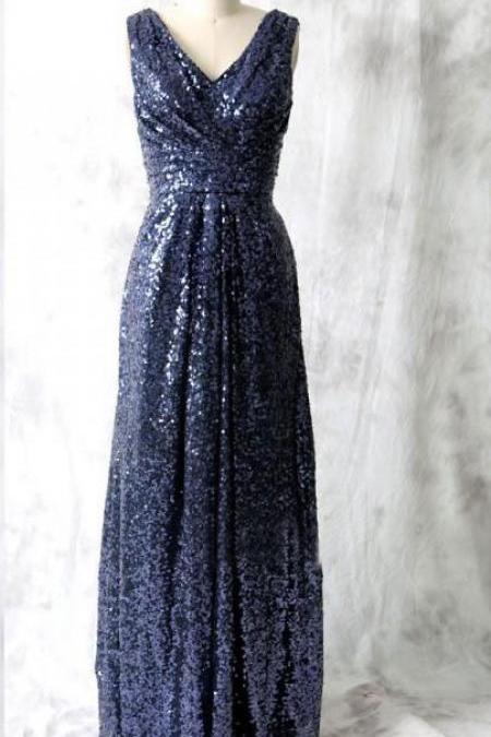 V Neck Dark Navy Blue Sparkly Long Bridesmaid Dresses Prom Dresses Evening Dresses