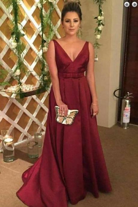Sexy V Neck Backless Long Dark Red Mother of the Bride Dresses Prom Dress Evening Dresses with bowknot