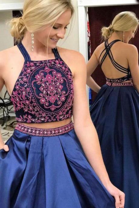 Sexy 2 Piece Criss Cross Navy Blue Long Prom Dresses with Beaded Appliques
