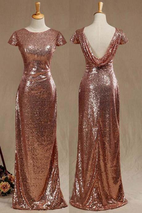 Cap Sleeves Sequined Sheath Long Bridesmaid Dresses for Wedding Party