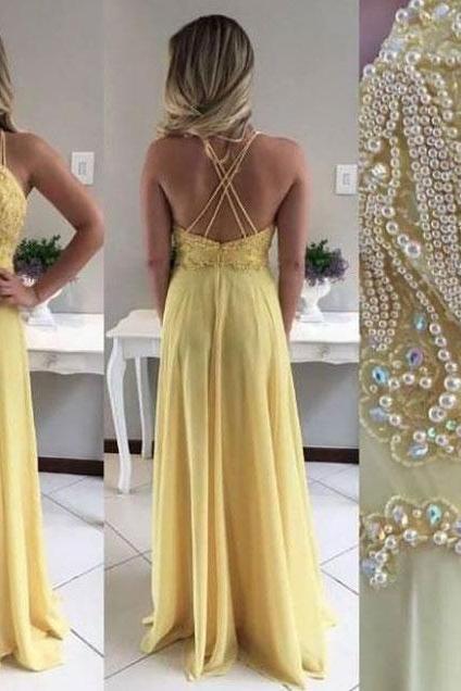 Spaghetti Straps Beaded Yellow Prom Dresses Long Evening Dress Criss Cross Dress