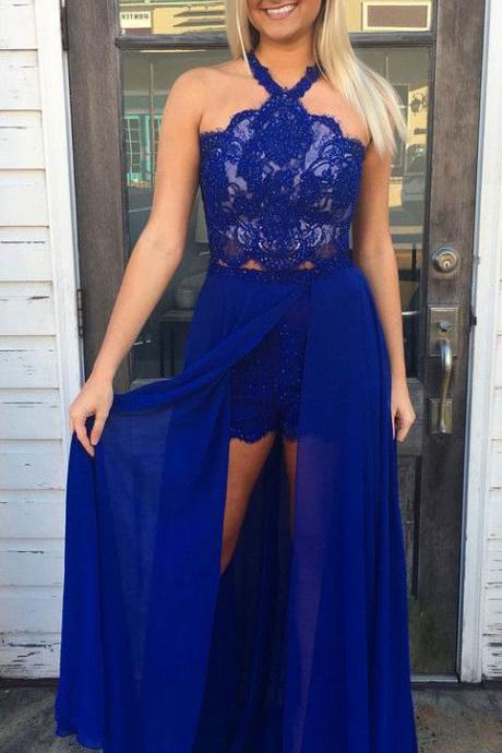 Hot Sell Halter Chiffon Split Side Royal Blue Prom Dresses with Shorts