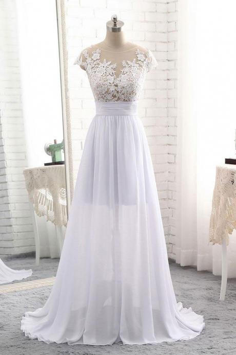 Lace Appliques Mesh Crew Neck Cap Sleeves Floor Length Chiffon A-Line Wedding Dress Featuring Ruched Belt 
