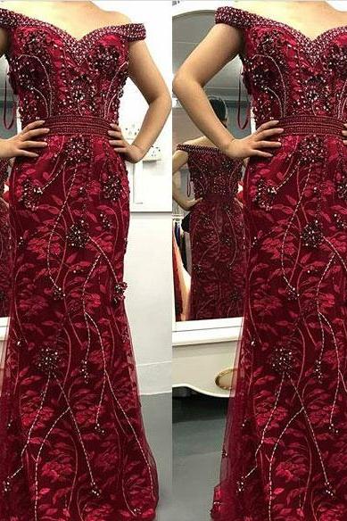 Luxurious Off the Shoulder Mermaid Burgundy Prom Dresses Long with Beaded