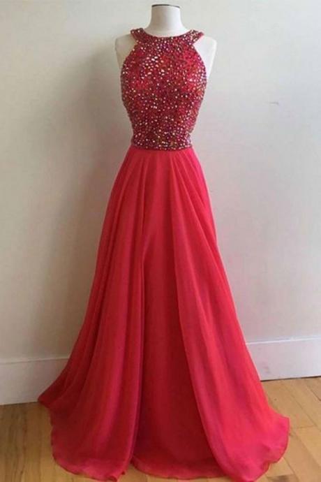 Halter Red Long Prom Dresses with Beaded Evening Dresses Long for Women