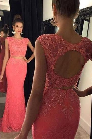 Sexy Two Piece Mermaid Open Back Coral Prom Dresses with Lace Beaded