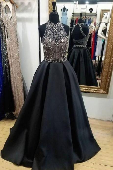 Luxurious Beaded Black Long Prom Dresses for Women