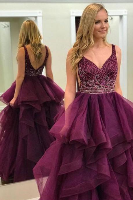 Deep V Neck V Back Grape Beaded Prom Dresses Evening Dresses for Women