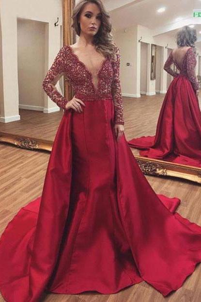 Charming Mermaid V Neck Dark Red Prom Dresses Evening Dresses with Long Sleeves