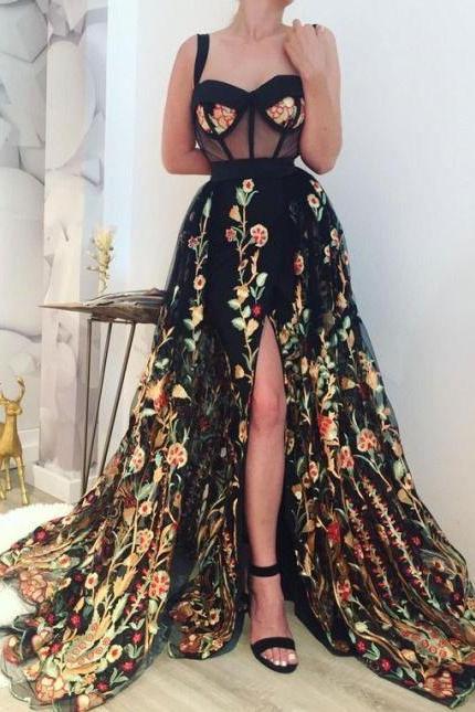 Sexy Split Side Black Prom Dresses with Embroidery Split Side