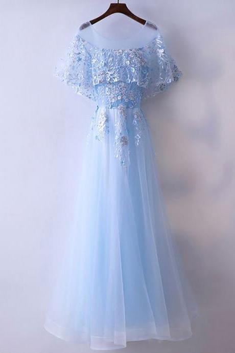Sheer Neck Tulle Long Baby Blue Prom Dresses with Appliques Flowers
