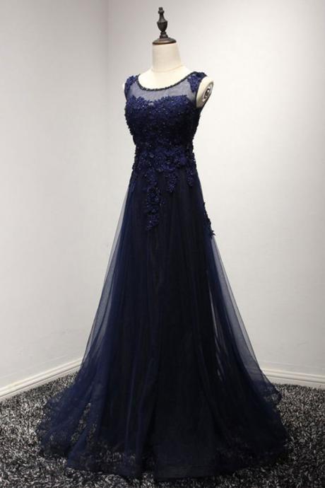 Sheer Neck Long Navy Blue Prom Dresses Evening Dresses with Appliques