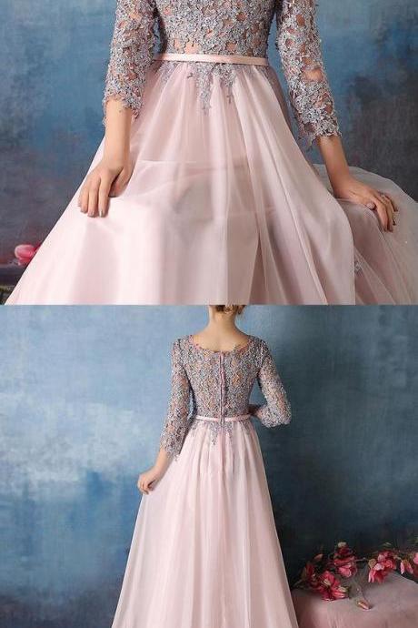 Scoop 3/4 Long Sleeves Long Prom Dresses Evening Dresses with Appliques Sash