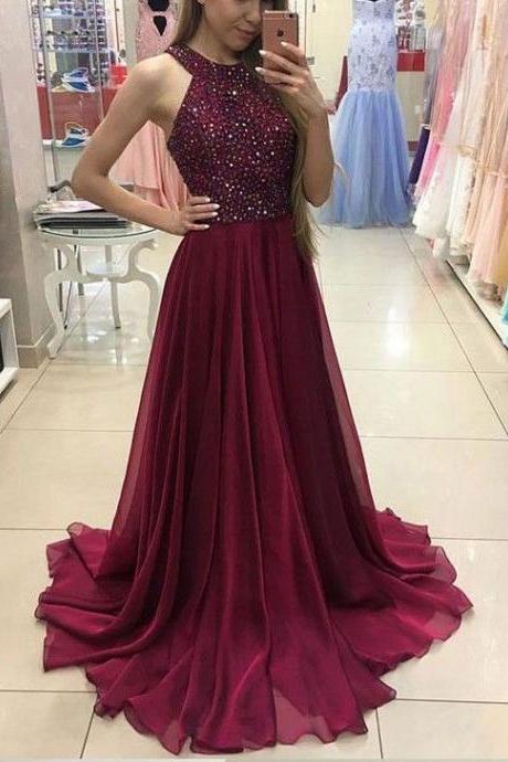 Halter Beaded Long Prom Dresses Evening Dresses with Beaded