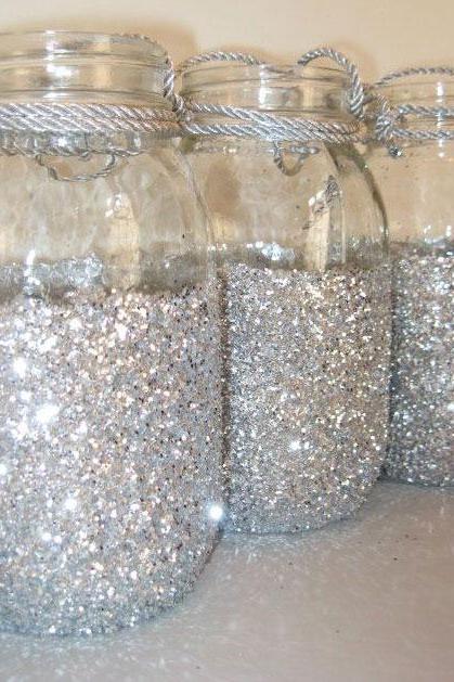 Sparkly Silver 3/4 Sequins Mason Jars, Glitter Mason Jar for Wedding and Party