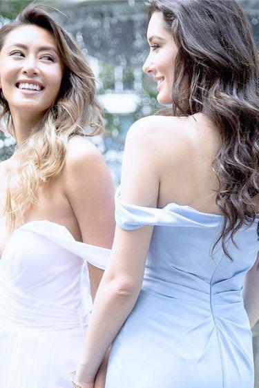 Off Shoulder White/Blue Split Side Prom Dresses Bridesmaid Dress