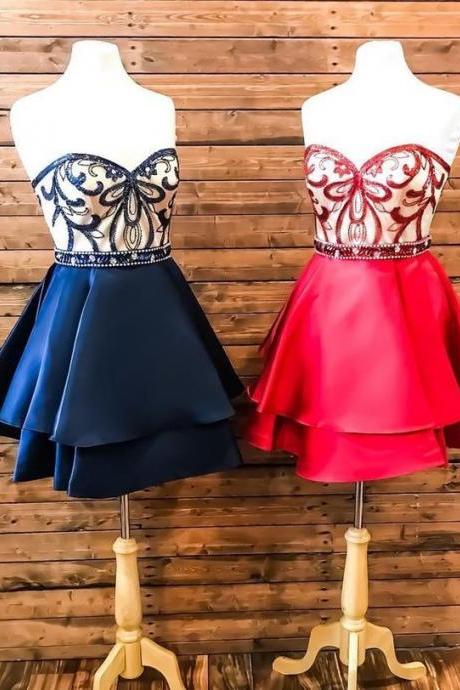 Sweetheart Short Navy Blue/Red Homecoming Dresses with Beaded