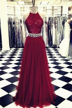 Two Piece Burgundy Prom Dresses with Appliques Lace