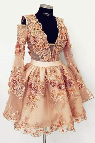 Charming Short Homecoming Dresses with Appliques Prom Dresses with Long Sleeves
