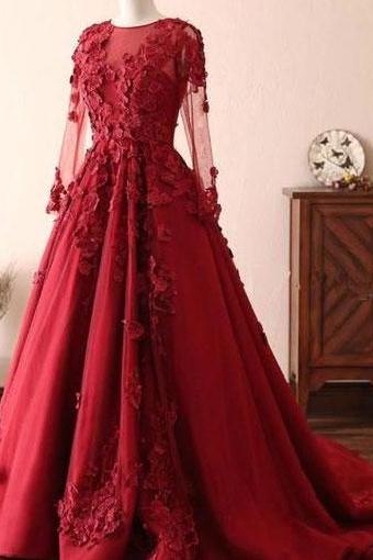 Burgundy Long Sleeves Prom Dresses Evening Gowns with Lace Appliques
