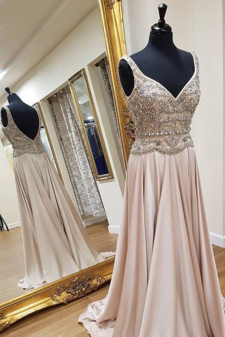 Elegant V Neck Long Prom Dresses with Rhinestone Evening Gowns 