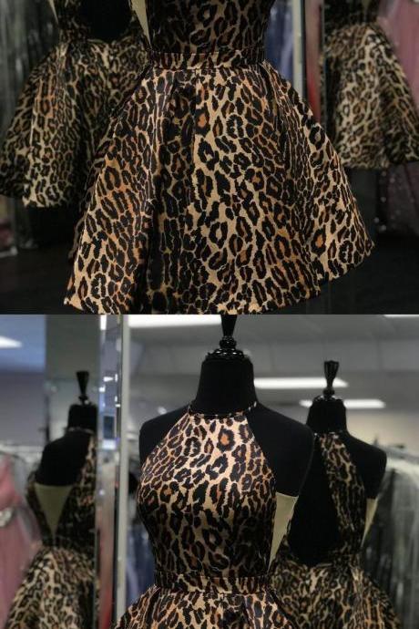 Short Halter Leopard Homecoming Dresses 