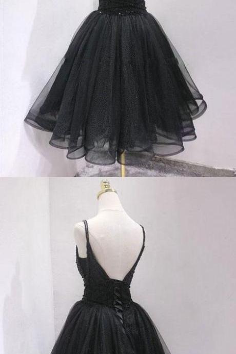 Black Spaghetti Straps Tulle Homecoming Dresses with Appliques Lace
