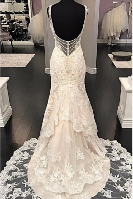Luxurious V Neck Sleeveless Mermaid Long Lace Wedding Dress, Sweep Train Bridal Dress HOM12124