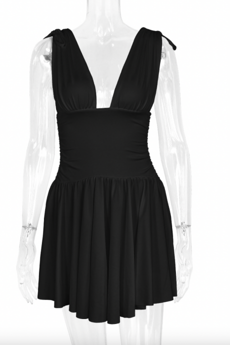 Deep V Neck Short Black Dresses