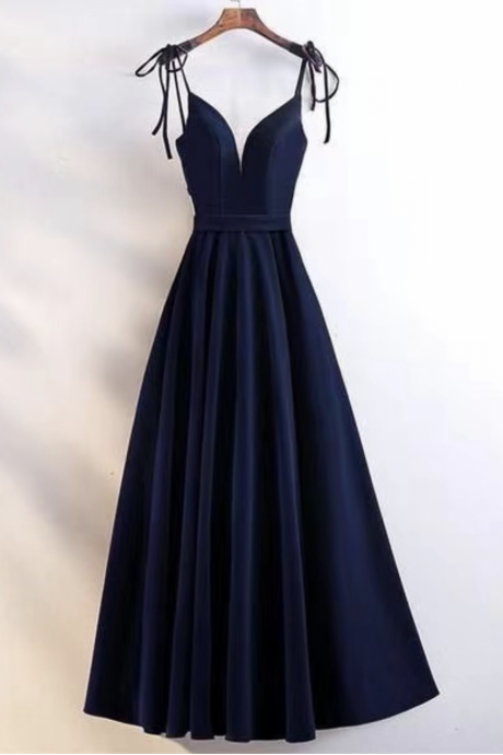 Spaghetti Straps Navy Blue Prom Dresses