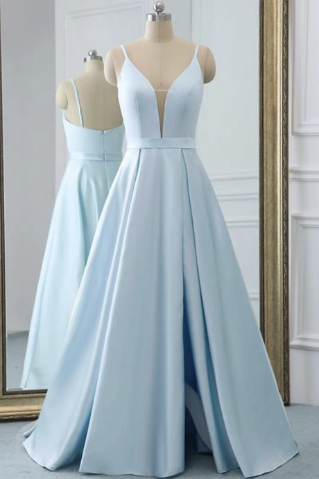 V Neck Light Blue Prom Dresses