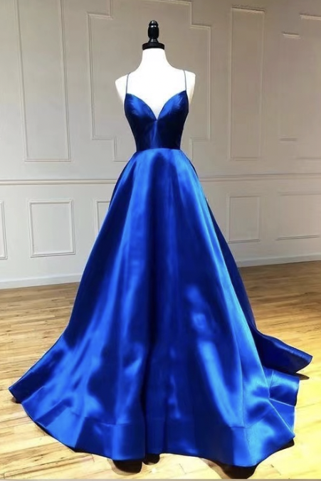 Spaghetti Straps Royal Blue Prom Dresses