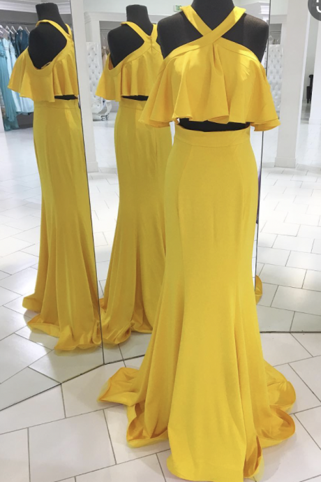 Two Piece Halter Yellow Prom Dresses under 100
