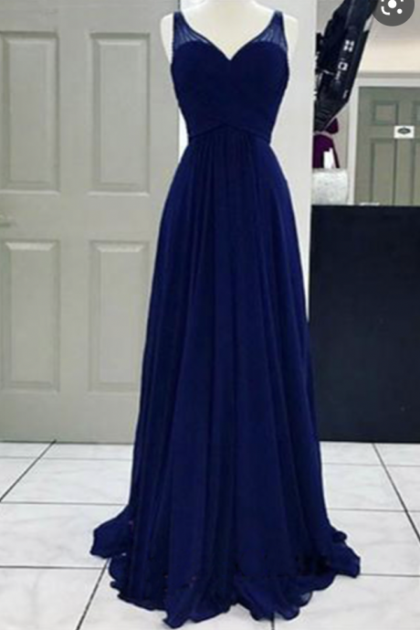V Neck Dark Royal Blue Prom Dresses