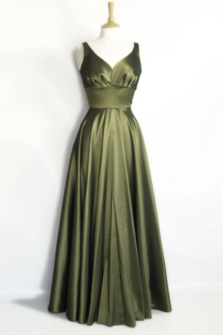 Olive Green V Neck Prom Dresses