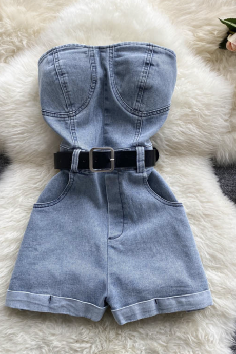 Strapless Rompers Jeans Pants for Women with Sash