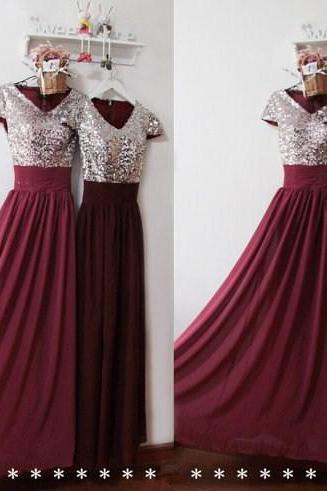 Silver Sequins burgundy chiffon Long Prom Dresses, Bridesmaid Dresses, Party Dresses, Wedding Party Gowns