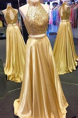 Sexy Gold Two Piece Beaded Prom Dress, Evening Dress for Women