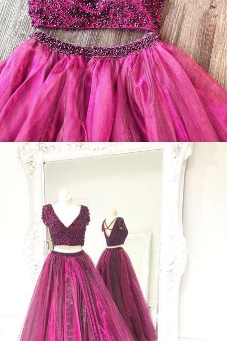 Sexy Two Piece Criss Cross Beaded Top Long Prom Dresses, Homecoming Dresses, Party Dresses