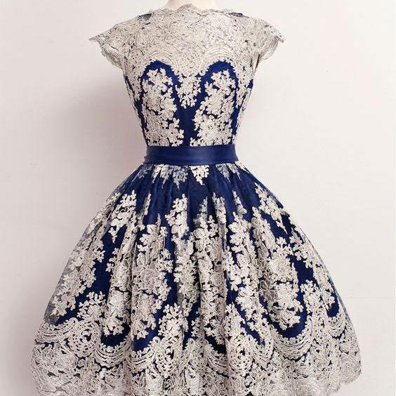 Elegant Tea Length Vintage Royal Blue Prom Dresses Homecoming Dresses ...