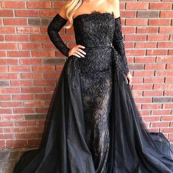 Elegant Strapless Black Mermaid Long Prom Dresses Evening Dress With ...