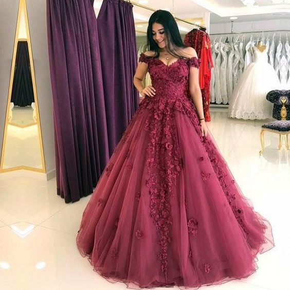 Off The Shoulder Tulle Burgundy Long Prom Dresses Evening Dresses With ...