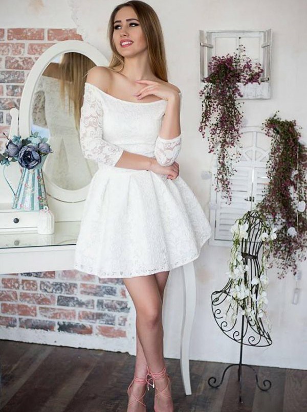 Off The Shoudler Lace White Homecoming Dress Short Prom Dresses With 3/ ...