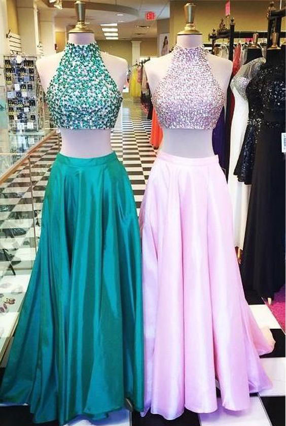 Sexy Two Piece Hunter Green/Pink Long Prom Dresses For Women on Luulla