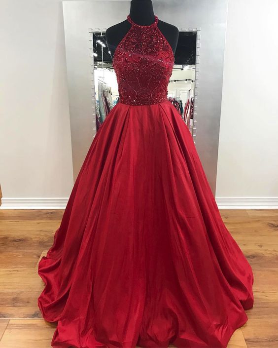 Elegant Red Halter Long Beaded Prom Dresses For Women With Pockets on ...