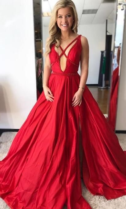 Sexy Deep V Neck Red Split Side Prom Dress Evening Dresses For Women on ...