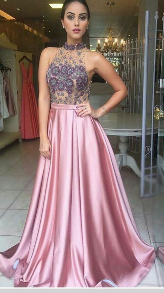 Elegant High Neck Light Fuchsia Long Prom Dresses Evening Dresses With