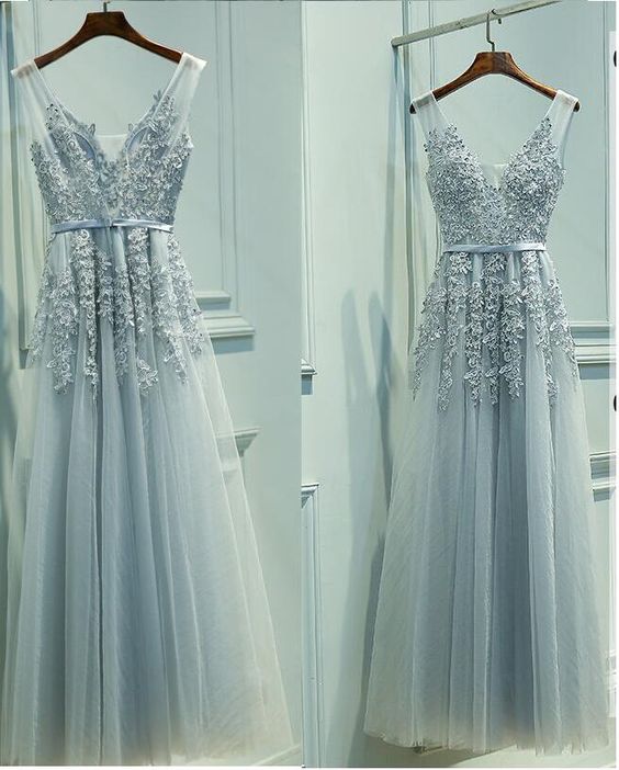 Elegant Tulle V Neck Baby Blue Long Prom Dresses Evening Dresses With